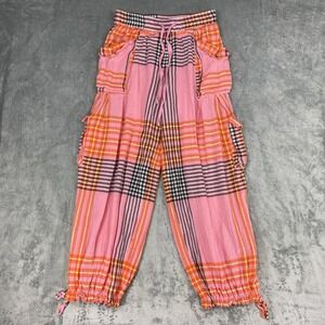 Free People Pants Womens‎ XS Pink Combo Plaid Crafted Cargo Balloon Leg Utility